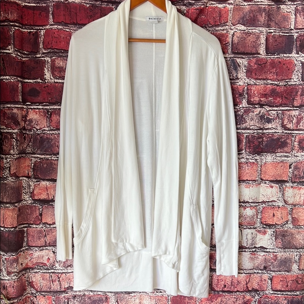 Athleta White Pranayama Wrap Cardigan Open Front Knit Sweater Yoga Loungewear LG